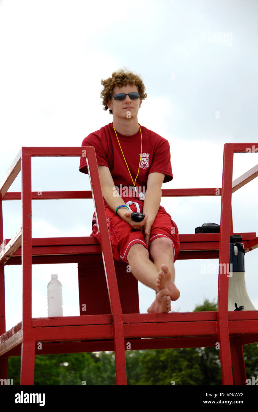 Male lifeguard on a beach at Alpena Michigan on Lake Huron Stock Photo