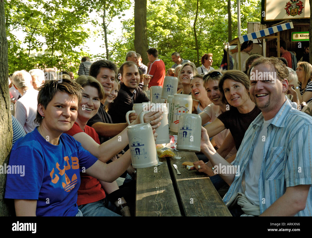 Happy, smiling beer drinkers at Erlangen Bierfest, Germany. Stock Photo
