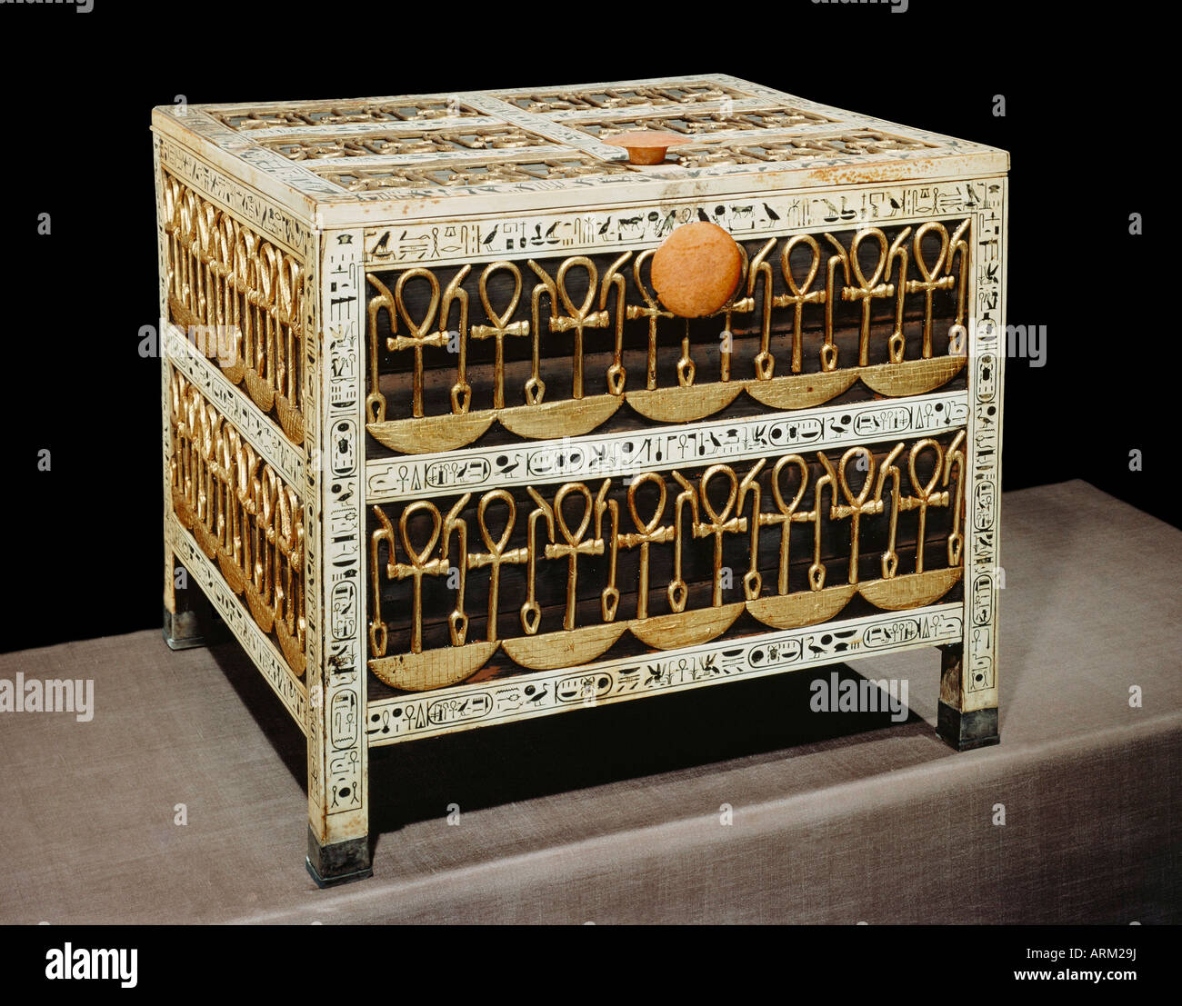 Coffer from the treasury, made from wood and ivory with applied gold and silver, from the tomb of the pharaoh Tutankhamun Stock Photo