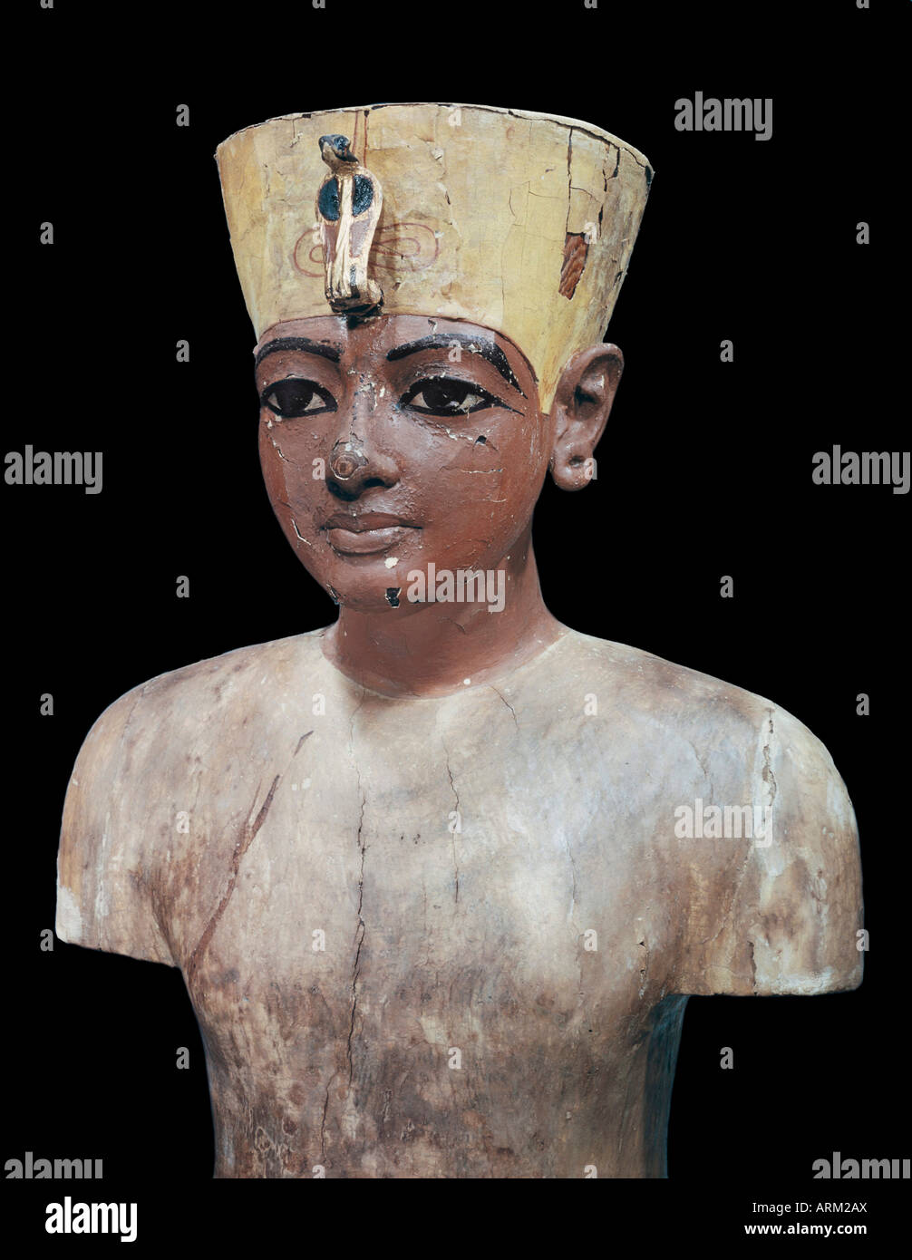 Dummy head of the young king, made from stuccoed and painted wood, from the tomb of the pharaoh Tutankhamun Stock Photo