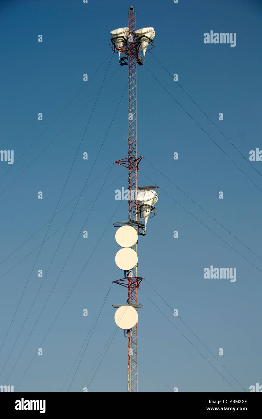 Communication towers with microwave dishes to gather and forward