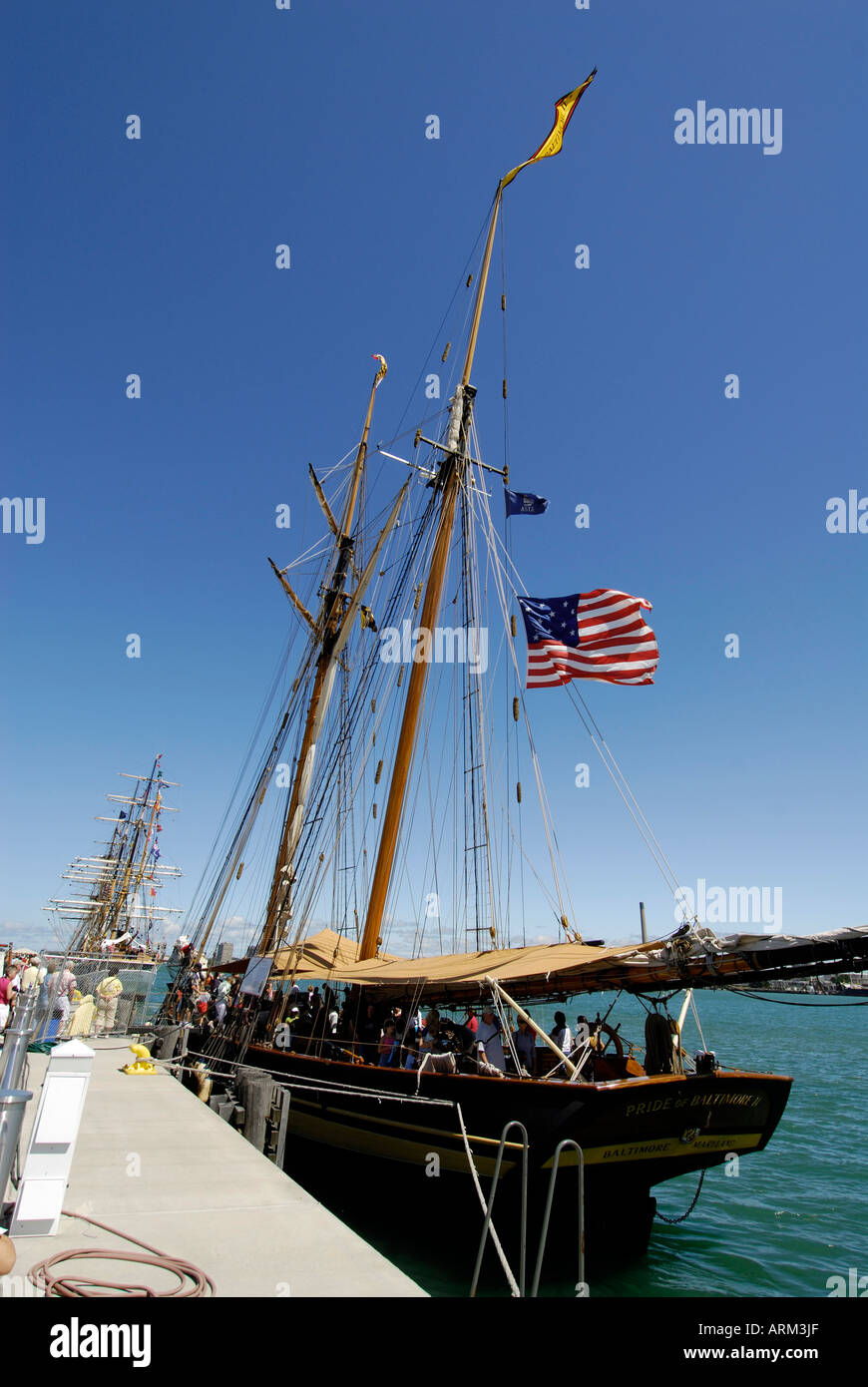 The masts of a tall ship sailing vessel show many angles with ropes and ...