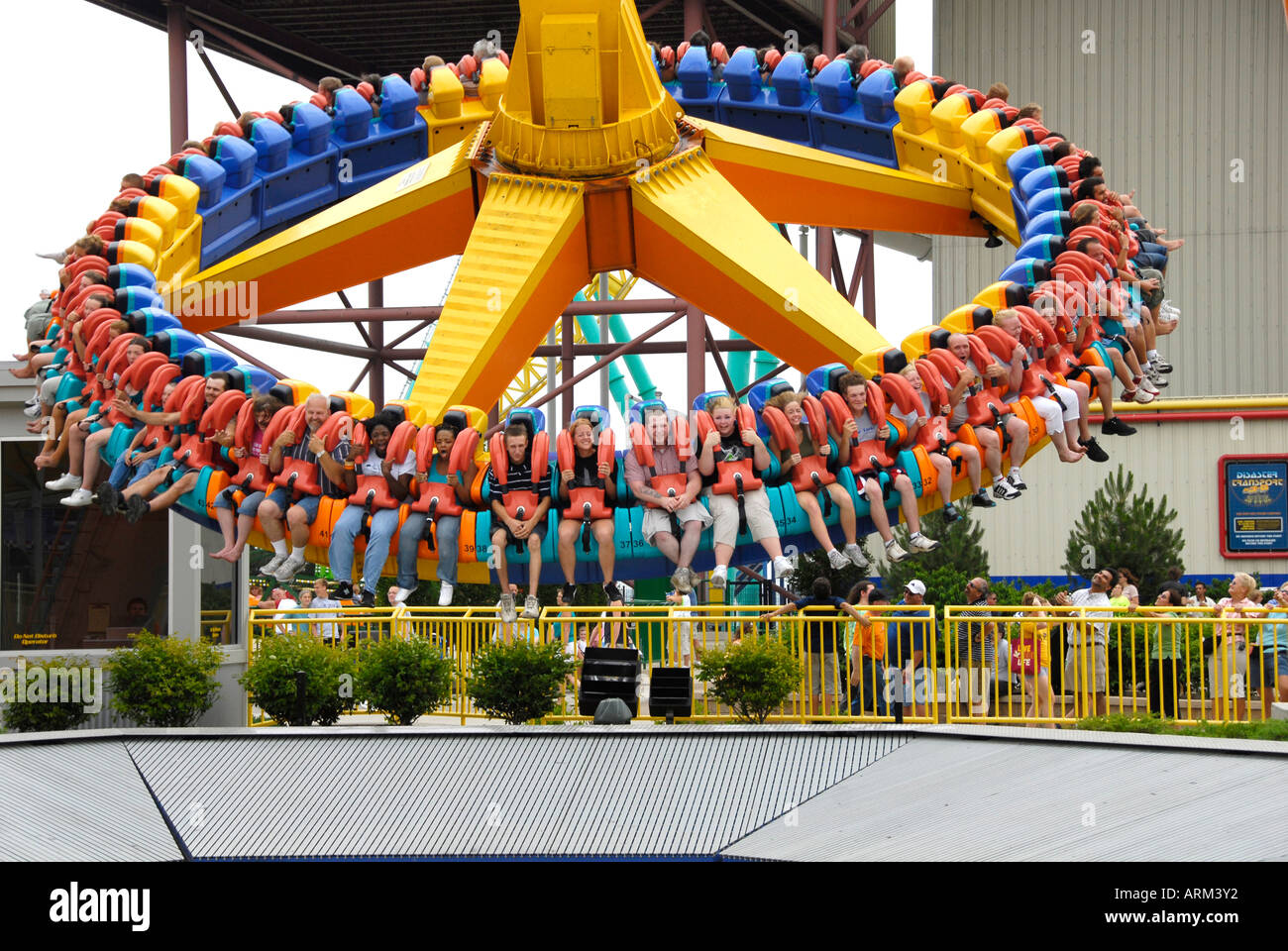 Thrilling and scary rides at Cedar Point Amusement Park at Sandusky Ohio OH centrifugal circumference diameter circle radius Stock Photo