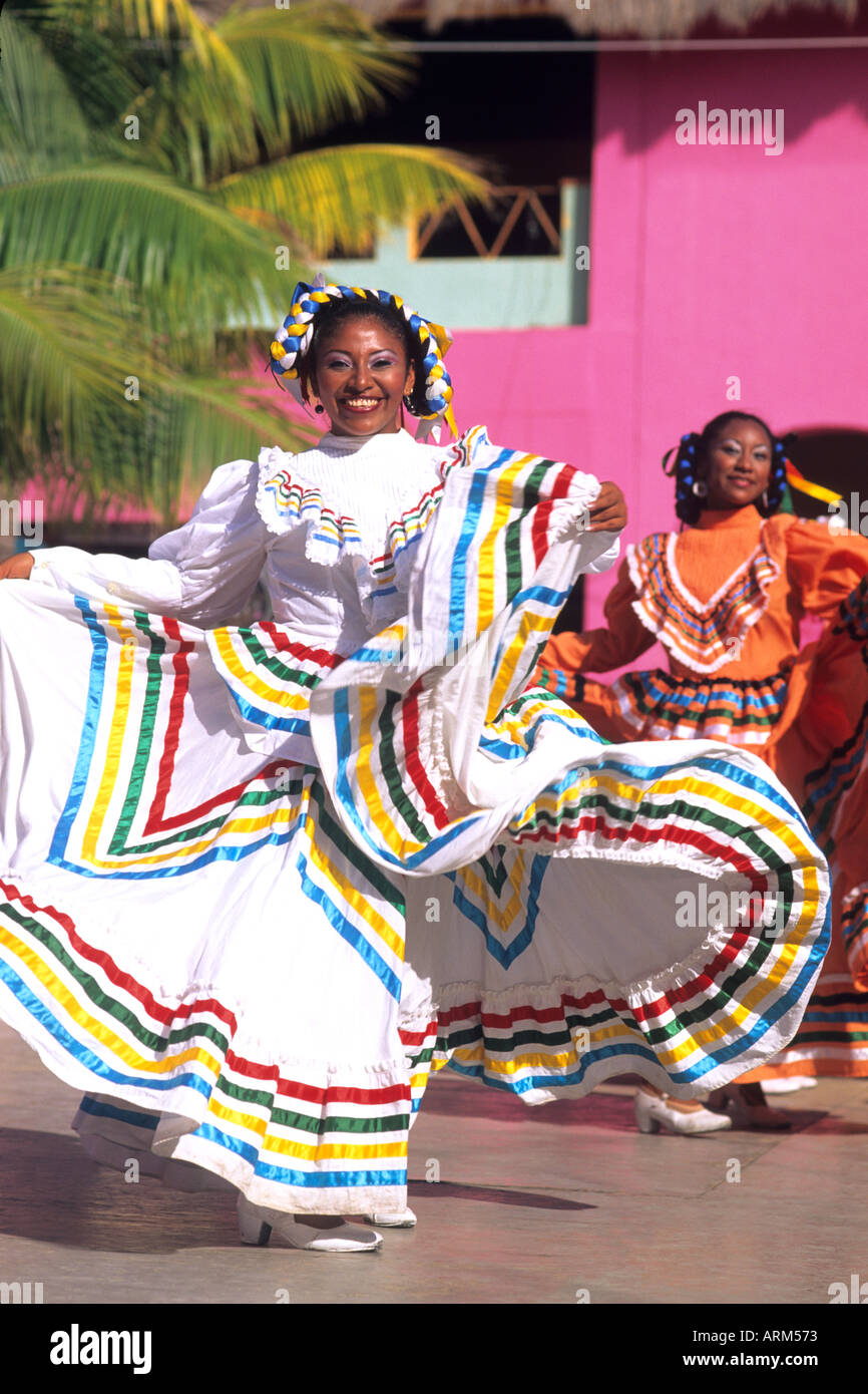 Colorful Mexican Dancers Performing in Costume in Costa Maya Mexico Stock Photo