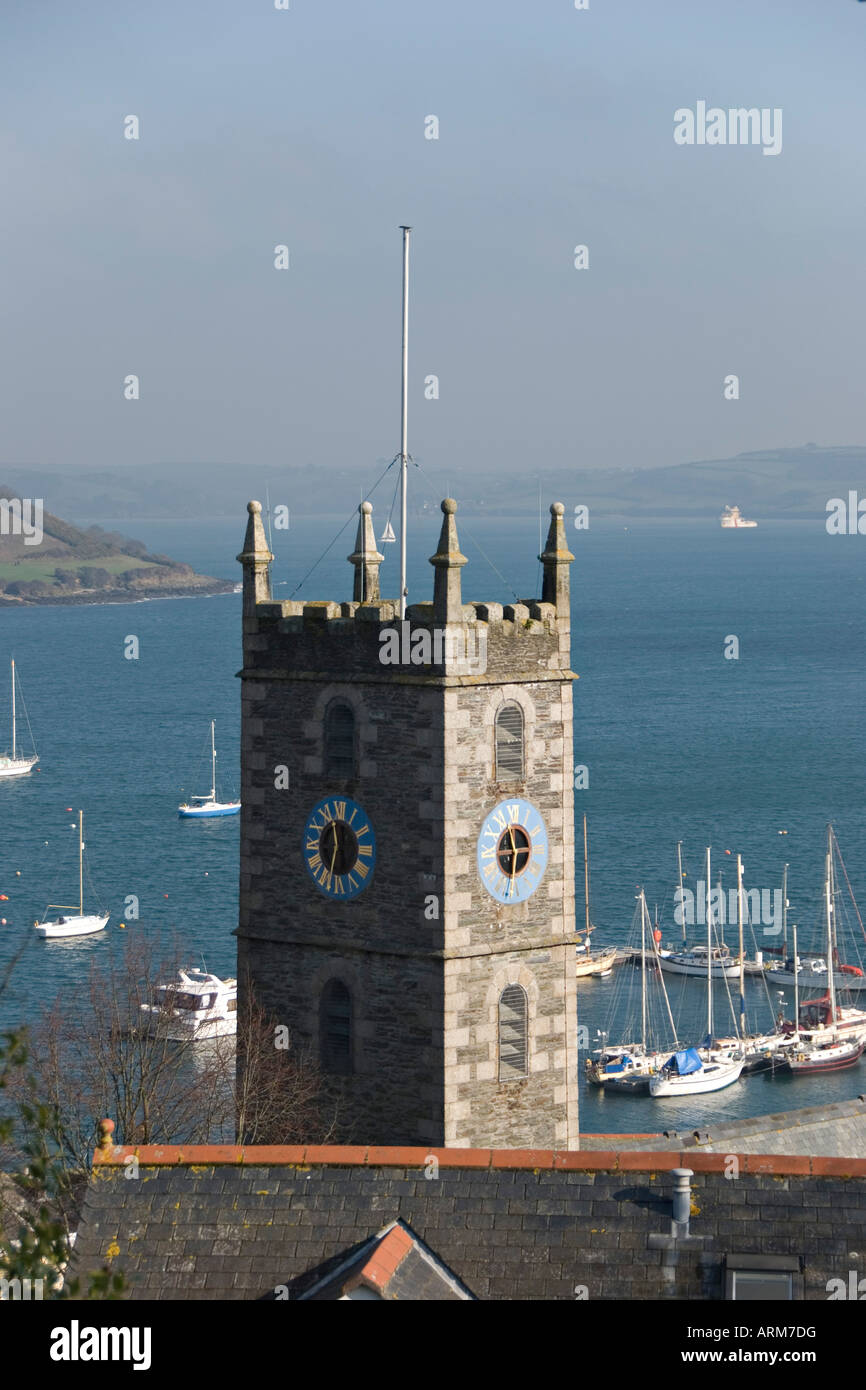 Falmouth Cornwall UK. The Church of King Charles the Martyr, 1665, with Carrick Roads (the River Fal estuary) in the background Stock Photo
