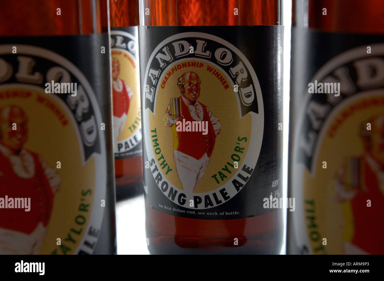 Timothy Taylors landlord beer in bottles. From Keighley in West Yorkshire. Drunk by pop star Madonna. Stock Photo