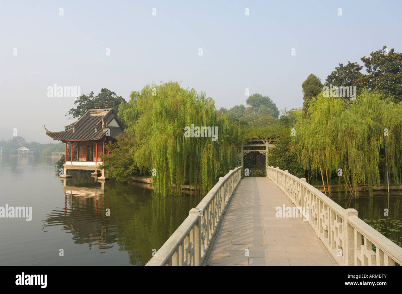 Bridge and pavilion, West Lake, Hangzhou, Zhejiang Province, China, Asia Stock Photo