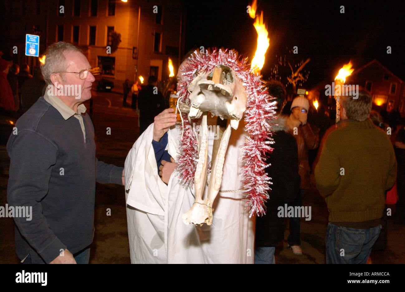 Mari Lwyd, decorated horses skull, for New Years Eve celebrations on the streets of Llanwrtyd Wells Powys Mid Wales UK Stock Photo