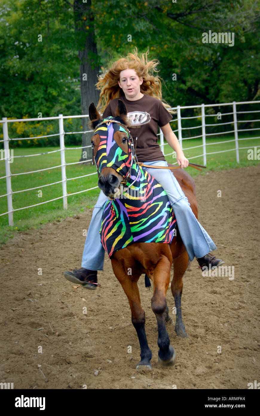 High school female student riding bareback without a saddle competes in equestrian event Stock Photo