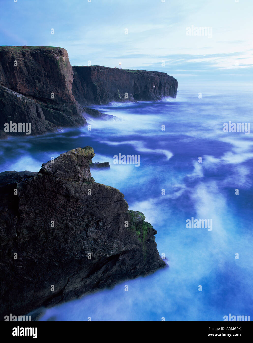 Eshaness basalt cliffs at dusk, Eshaness, Northmavine, Shetland Islands, Scotland, United Kingdom, Europe Stock Photo