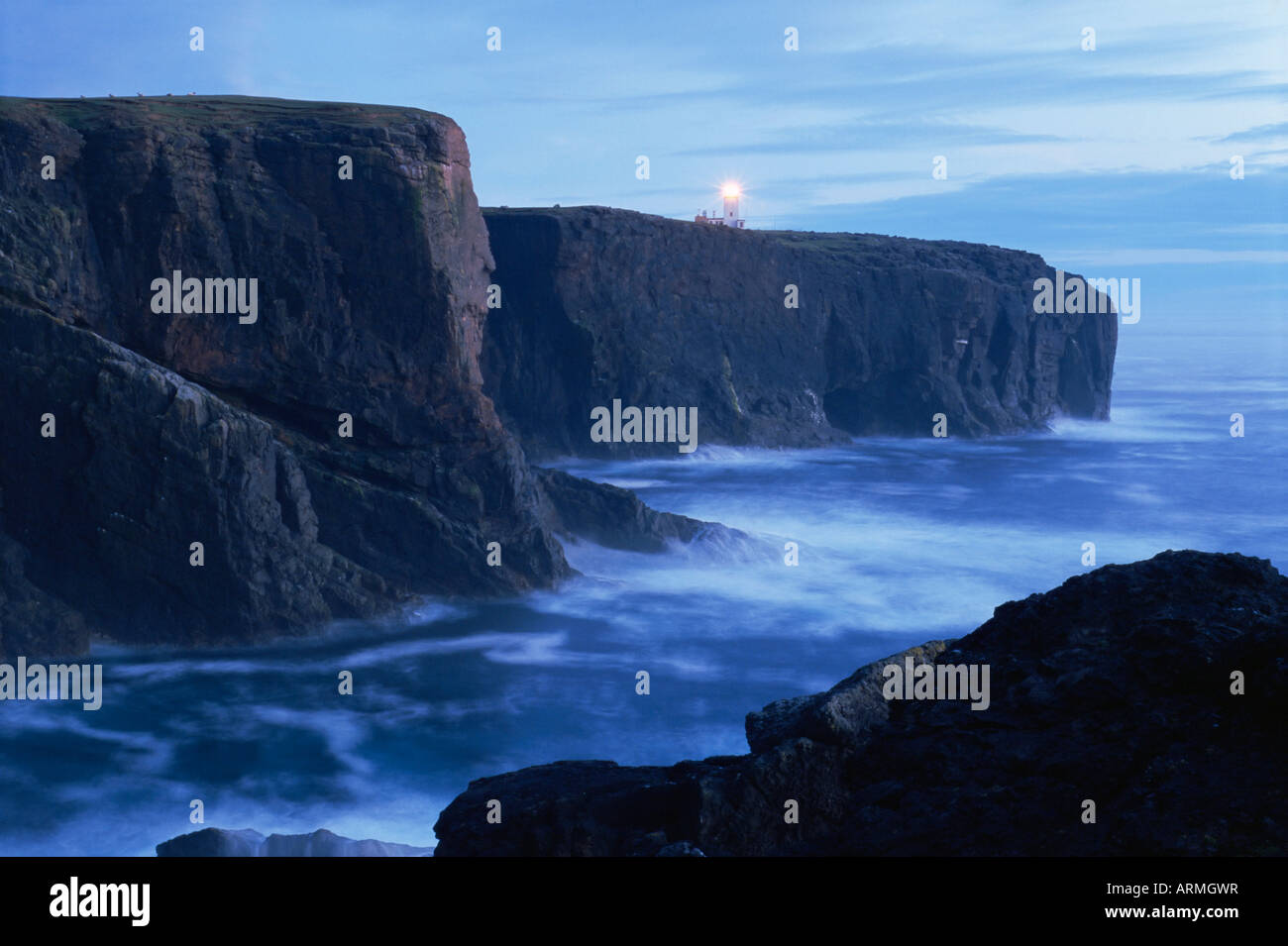 Eshaness basalt cliffs at dusk, Eshaness, Northmavine, Shetland Islands, Scotland, United Kingdom, Europe Stock Photo