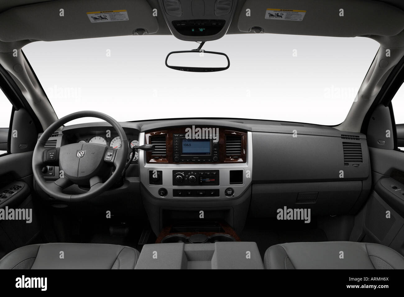 Dodge Ram 1500 Laramie in Silver - Dashboard, center console, shifter view Stock Photo -