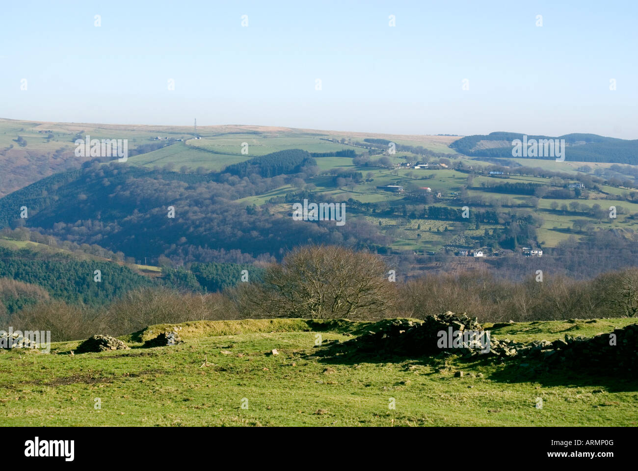 view across the ebbw valley from mynydd pen y fan near crumlin south wales valleys gwent uk Stock Photo