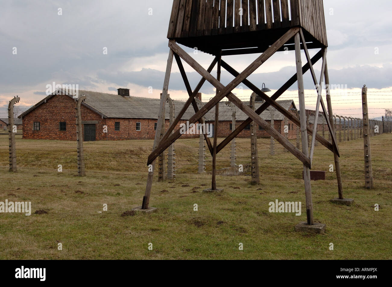 Guard tower overlooking camp Auschwitz Birkenhau Stock Photo