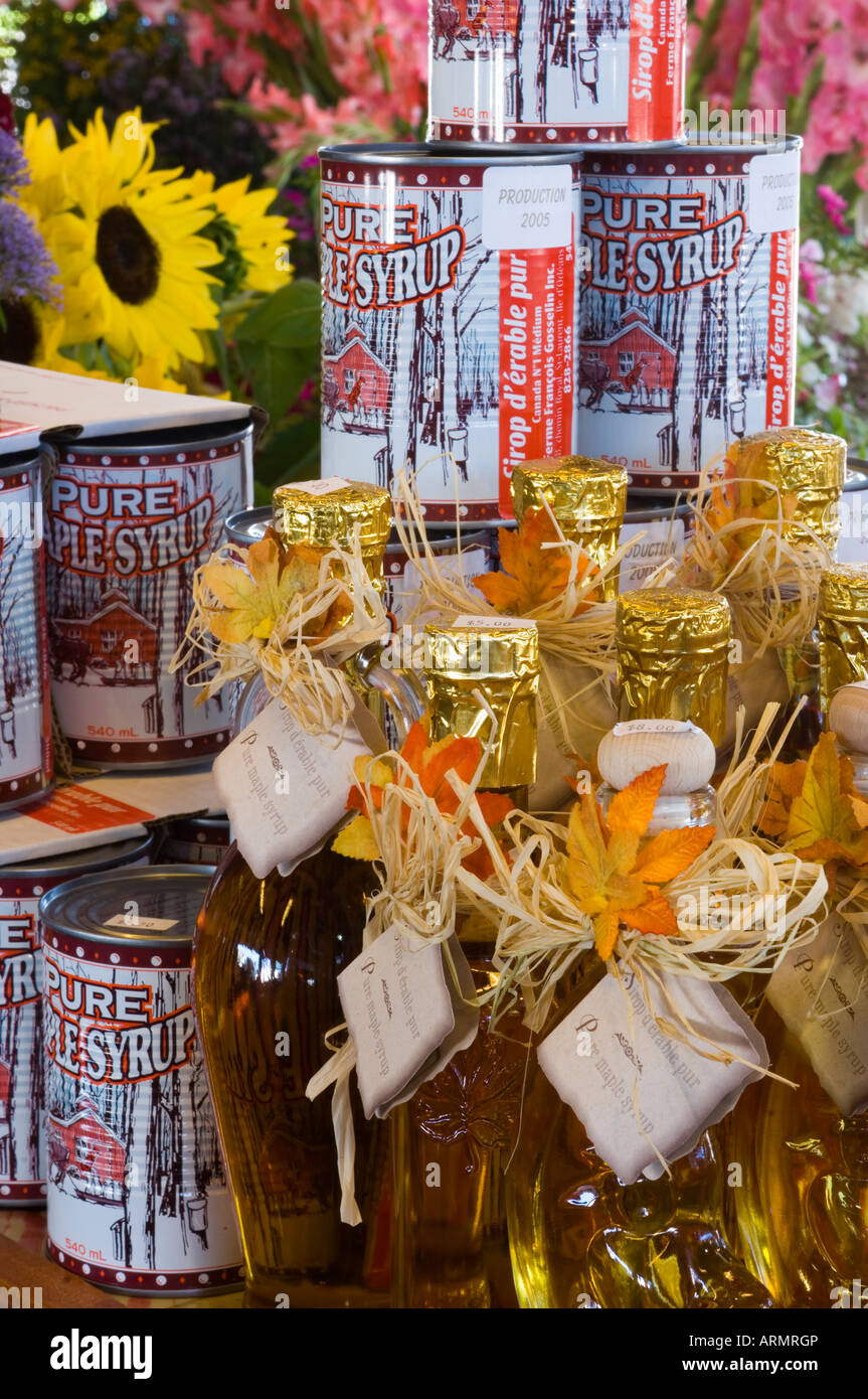 Produce and maple syrup on display in market, Quebec City, Quebec