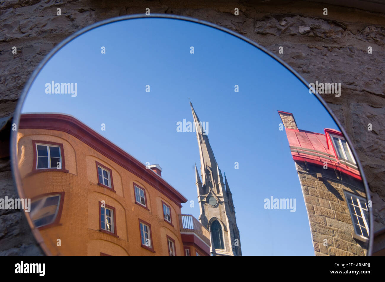 Reflection in curved mirror along rue St. Louis, Quebec City, Quebec, Canada. Stock Photo