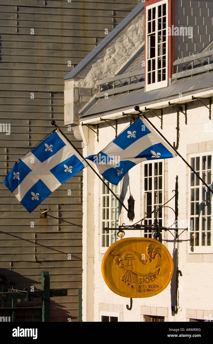 Quebec province flag on shop in Quebec city, Quebec, Canada. Stock Photo