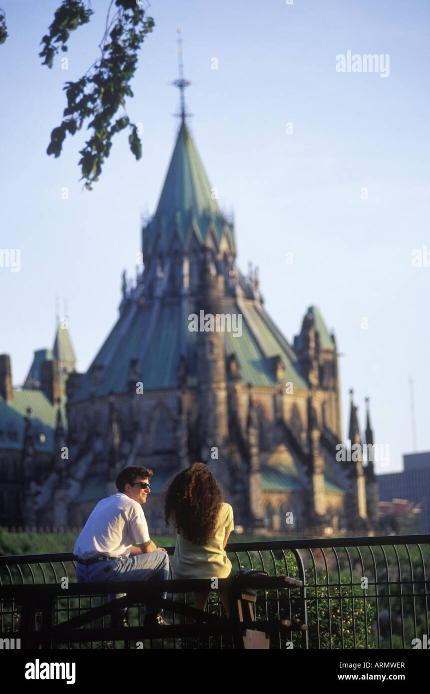 Library of Parliament buildings across Ottawa River, Ottawa, Ontario, Canada. Stock Photo