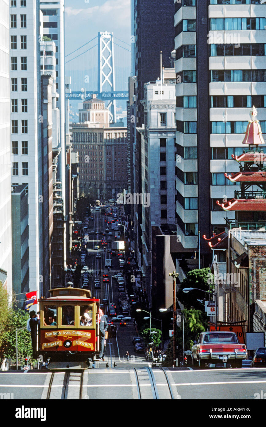 Cable car riding up California Street in downtown San Francisco with