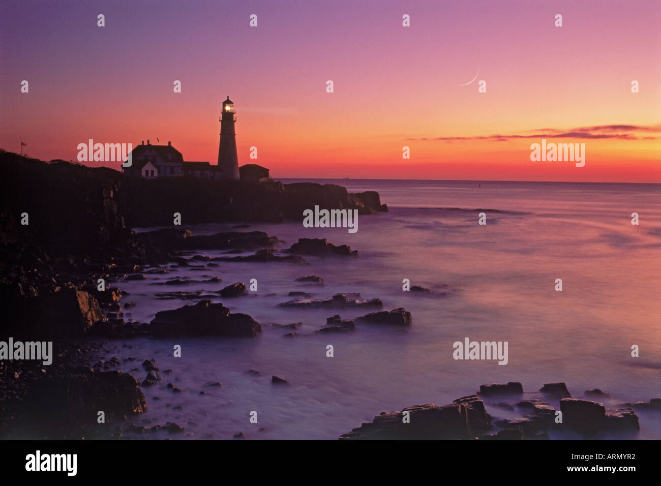 Portland Head Lighthouse at Cape Elizabeth on the Atlantic Coast of Maine in dawn light Stock Photo