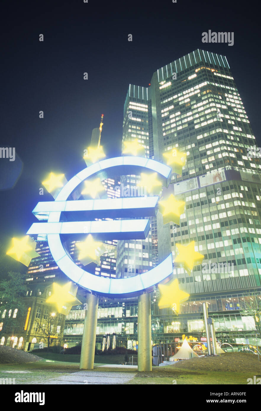 The former European Central Bank headquarters at night Frankfurt Stock Photo