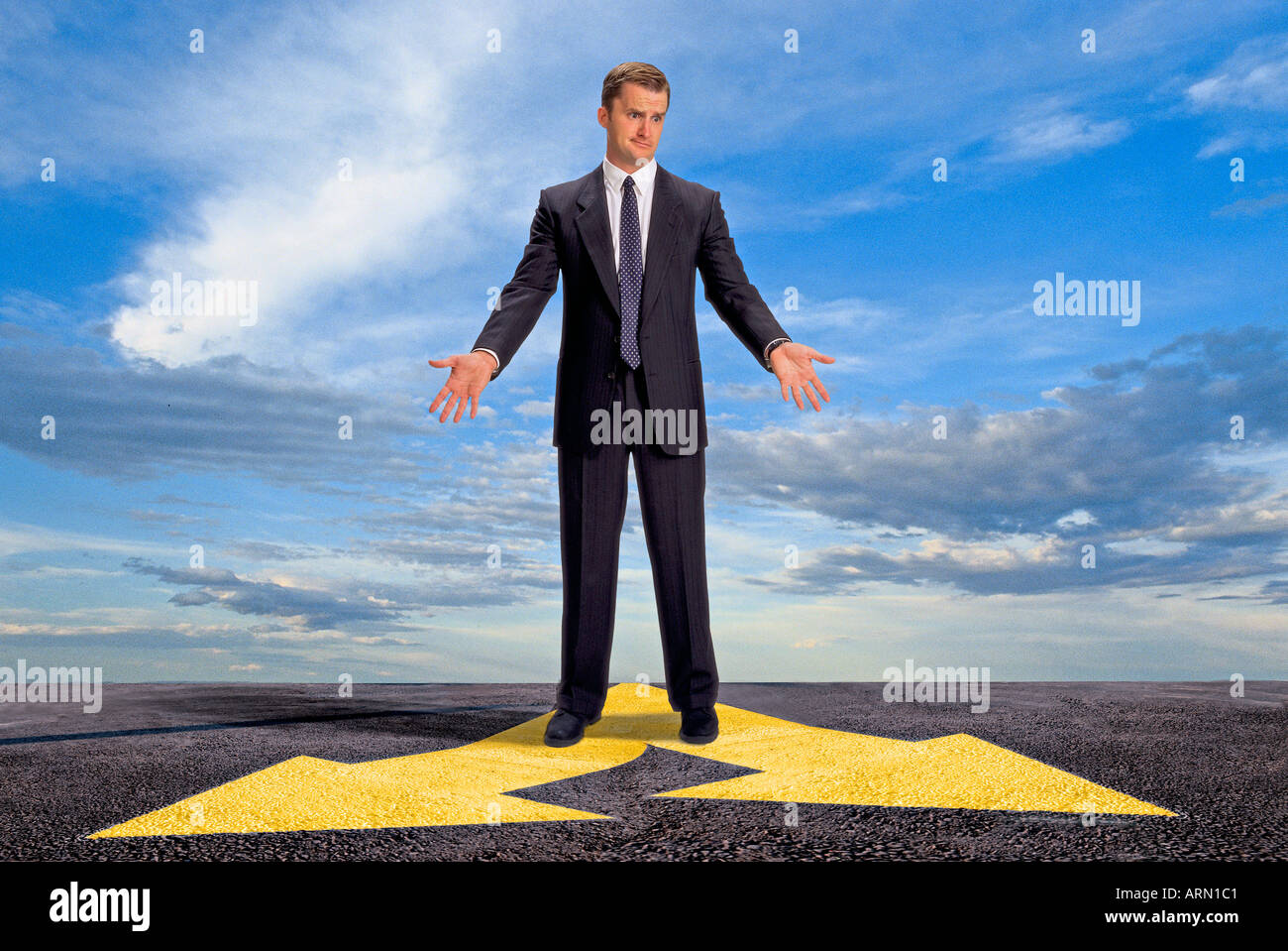 Businessman standing at traffic signs Stock Photo Alamy