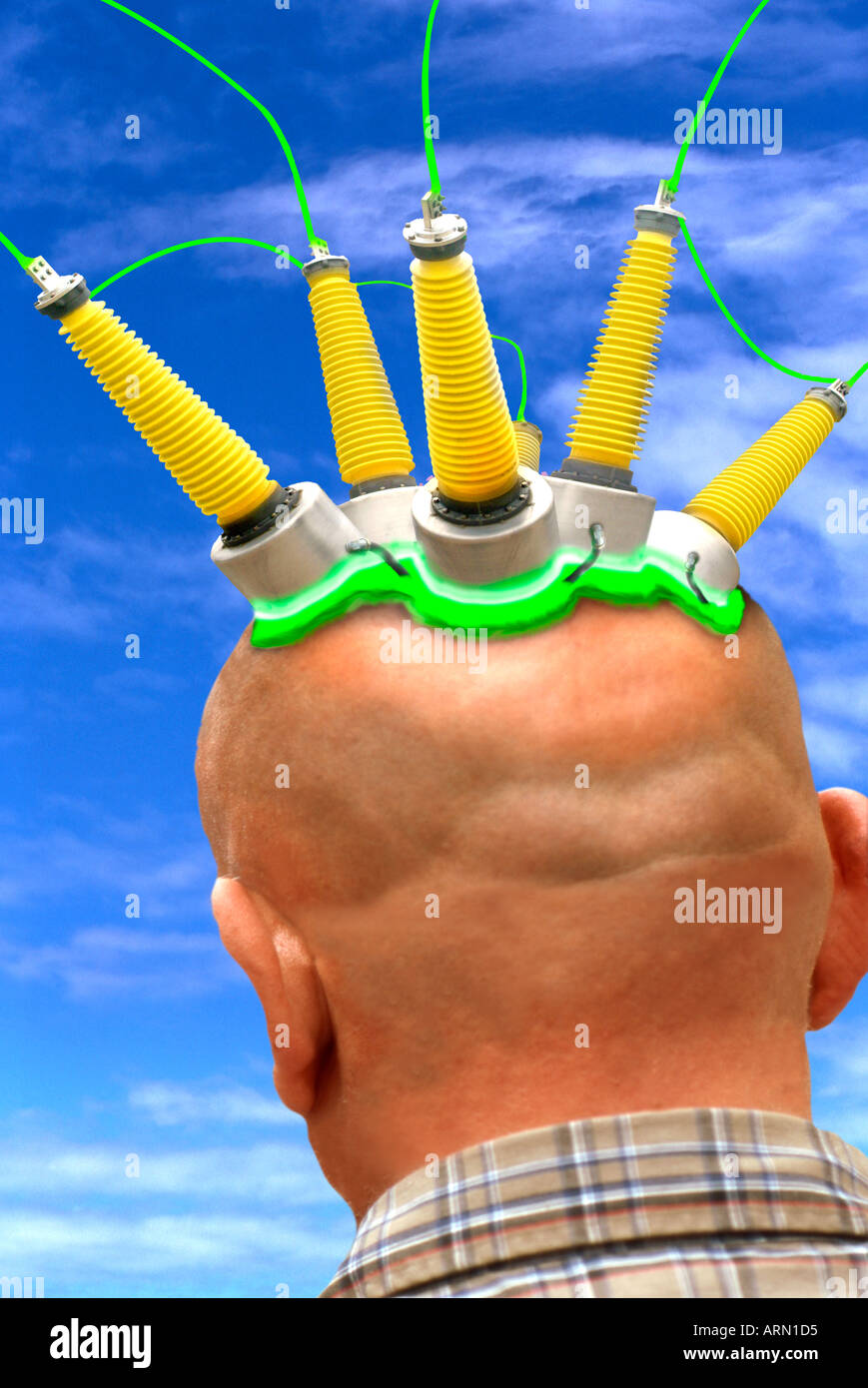 bald head with electrical connections Stock Photo Alamy