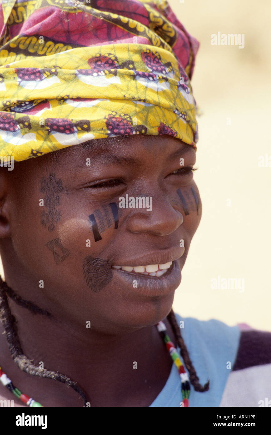 Barkewa, Niger, West Africa. Nigerien Woman with Facial Scarification, Tattoos, Headdress. Stock Photo