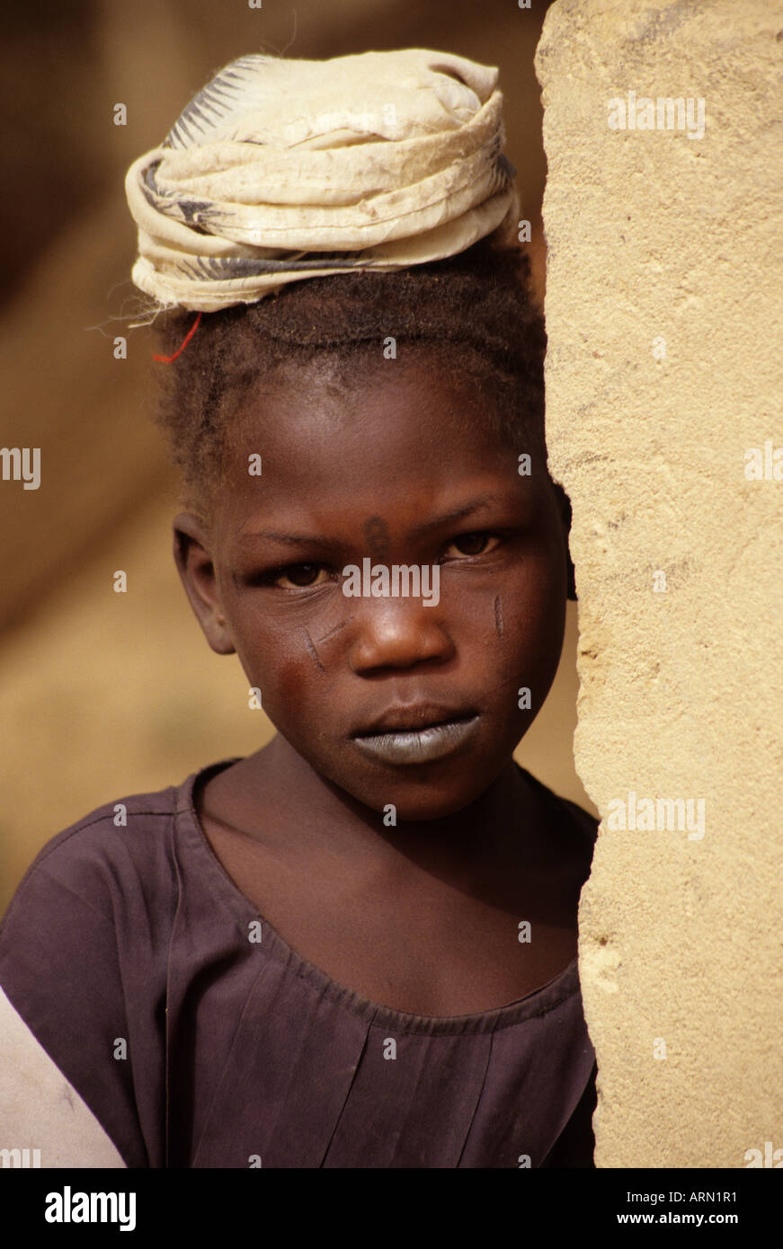 Near Niamey, Niger, Africa. Fulani Girl with Facial Scarification. Stock Photo
