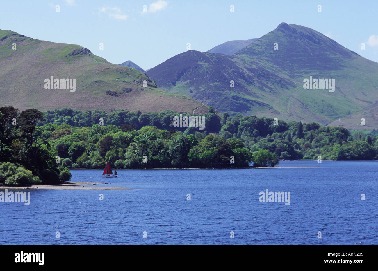 View of Derwentwater with small sailing boat CatBells to left and