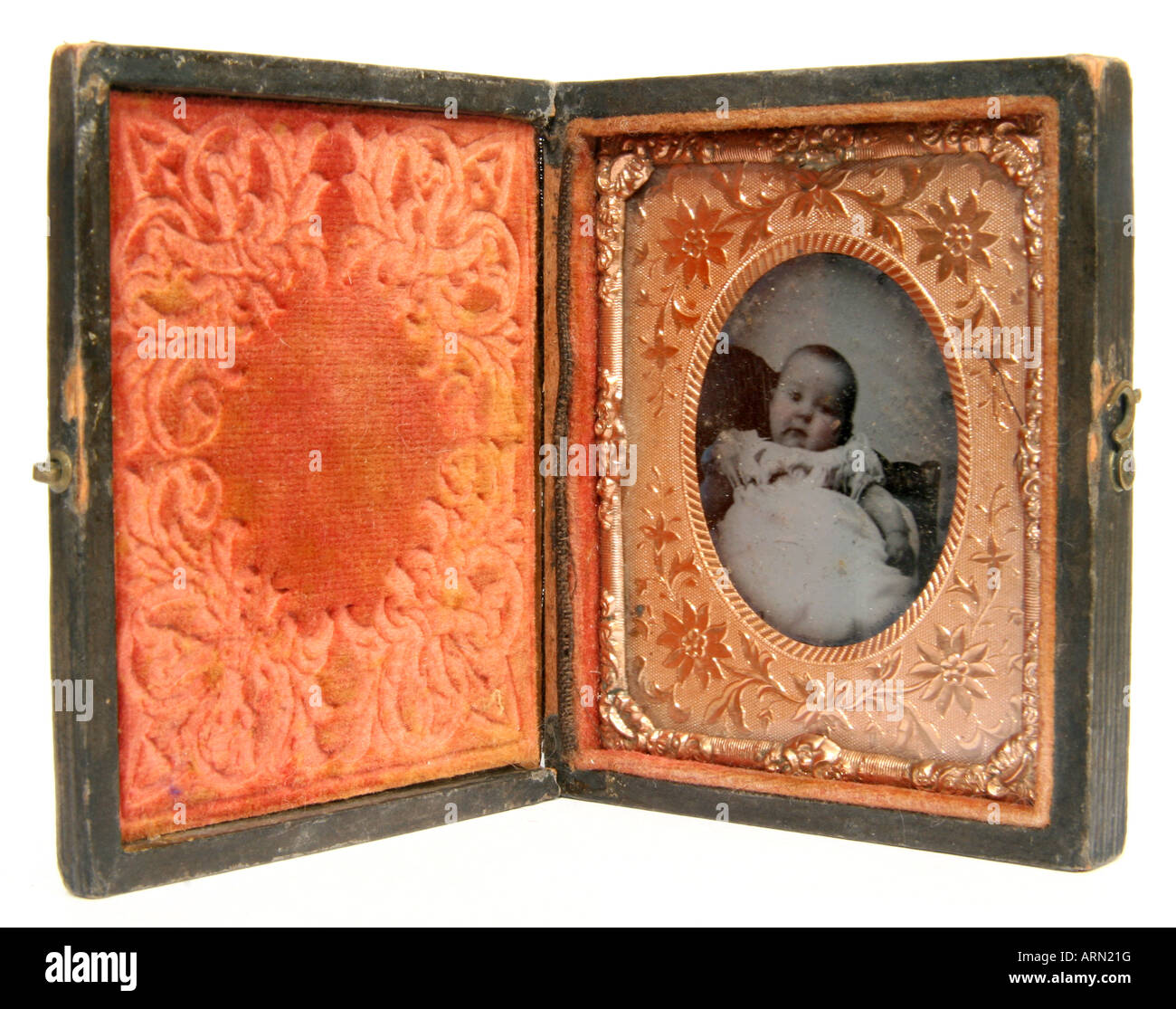 Circa 1850s cased ambrotype photograph of an infant. Stock Photo