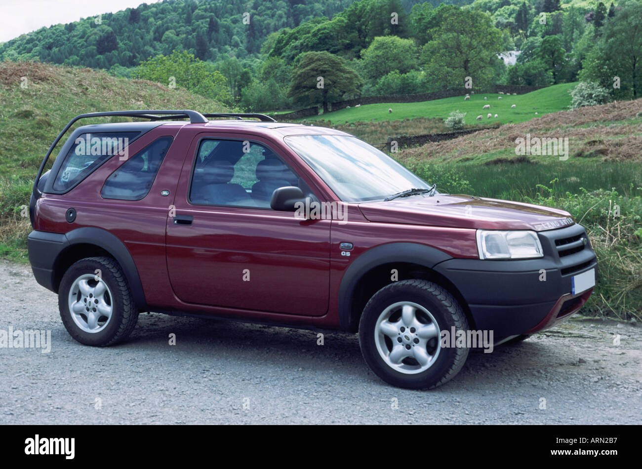 Red Maroon Landrover Freelander car viewed against a background of gently rolling fields with sheep and wooded area Stock Photo