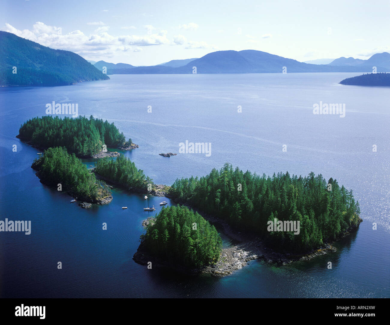 Aerial view of Jervis Inlet, Hotham Sound, Harmony Island, British Columbia, Canada. Stock Photo