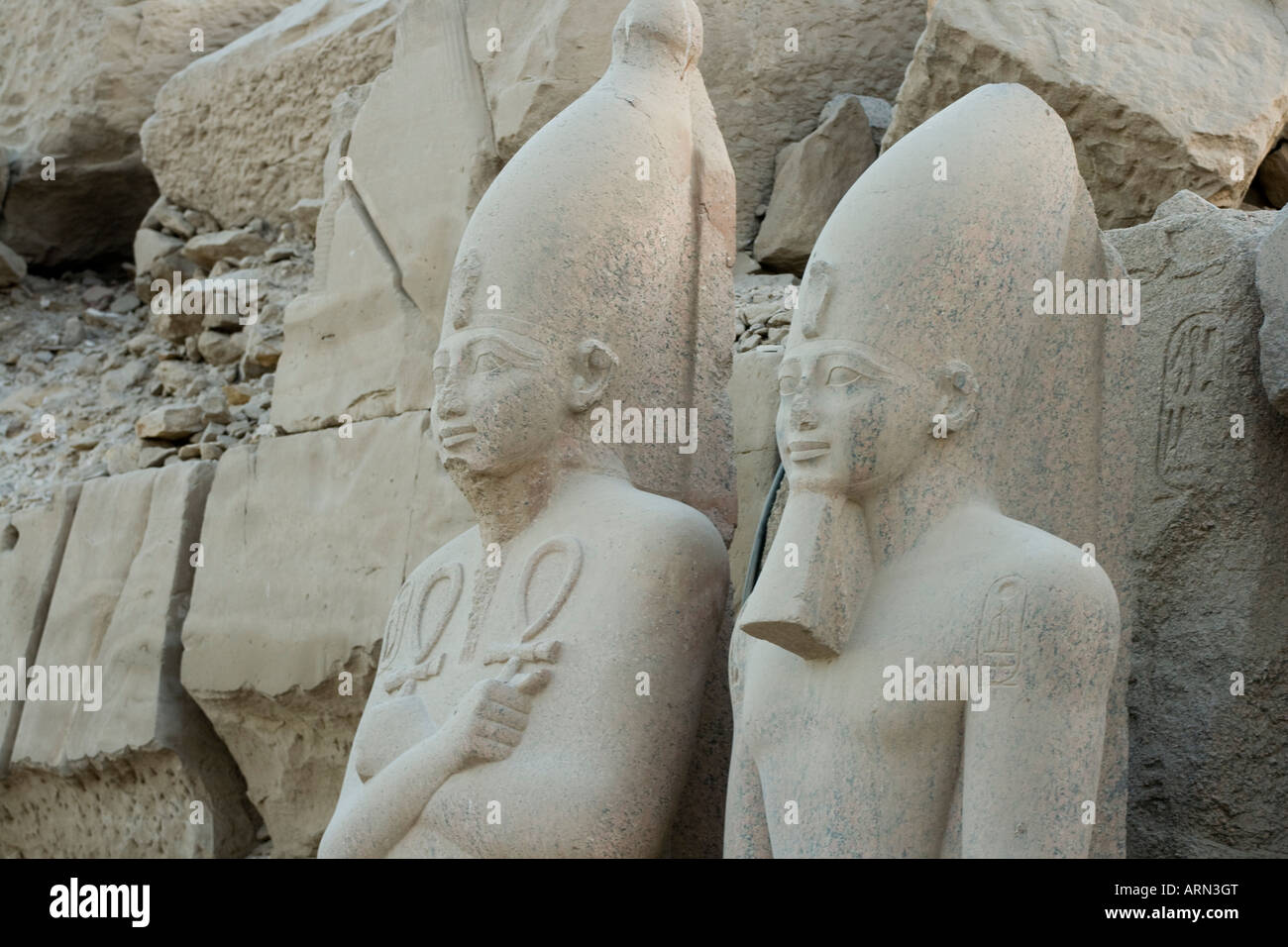 Statues of Amenhotep I eight pylon Amun temple Temples of Karnak Luxor Nile Valley Egypt Stock Photo