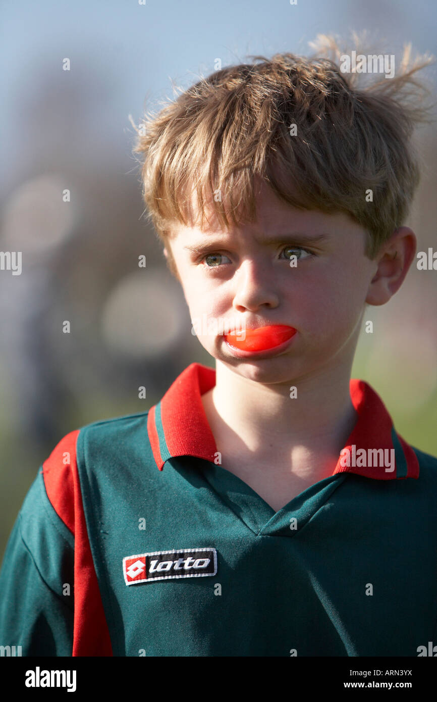 Young sports football player 7 wearing mouthguard Stock Photo Alamy