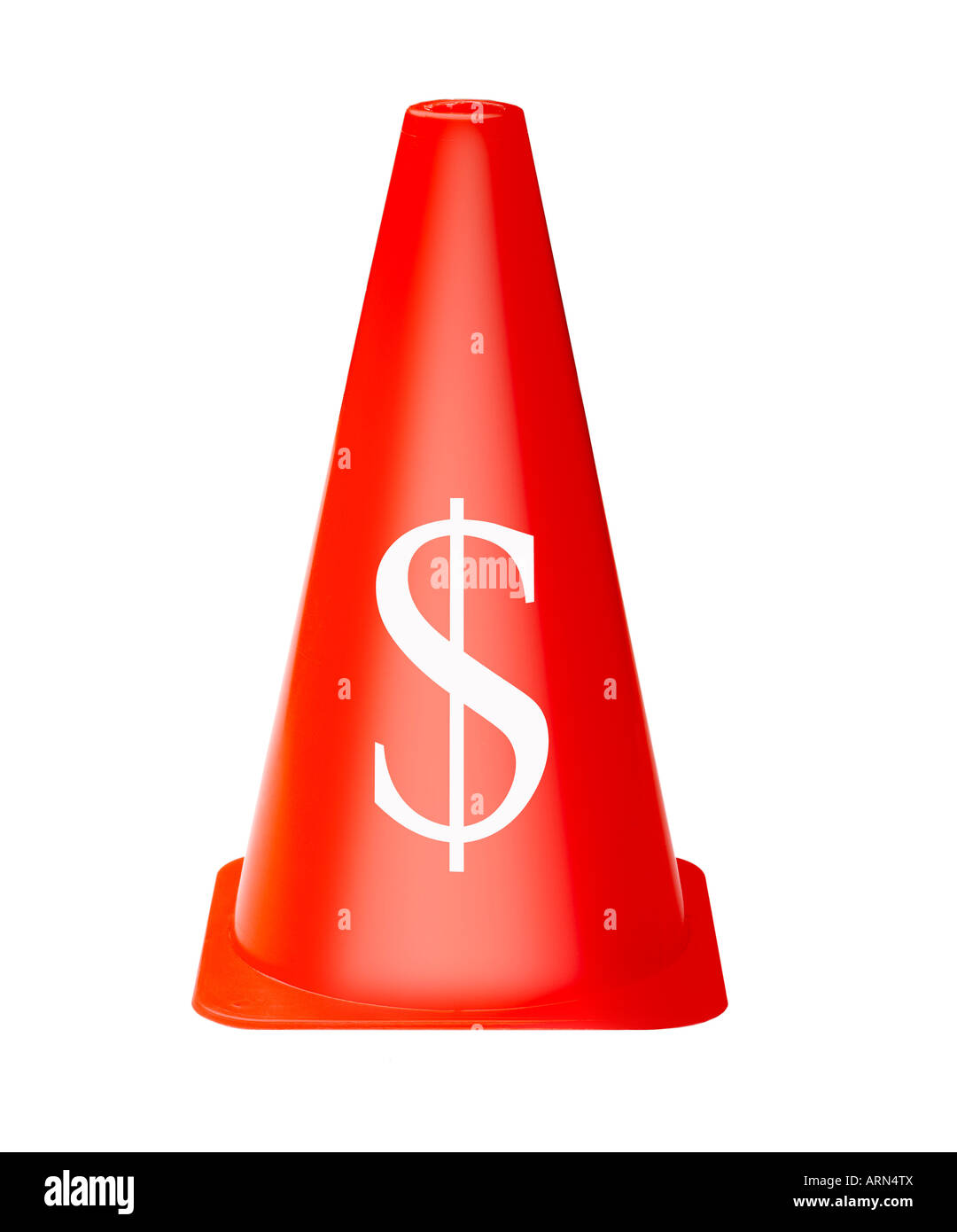 bright red safety cone with us dollar sign printed on against white cutout Stock Photo