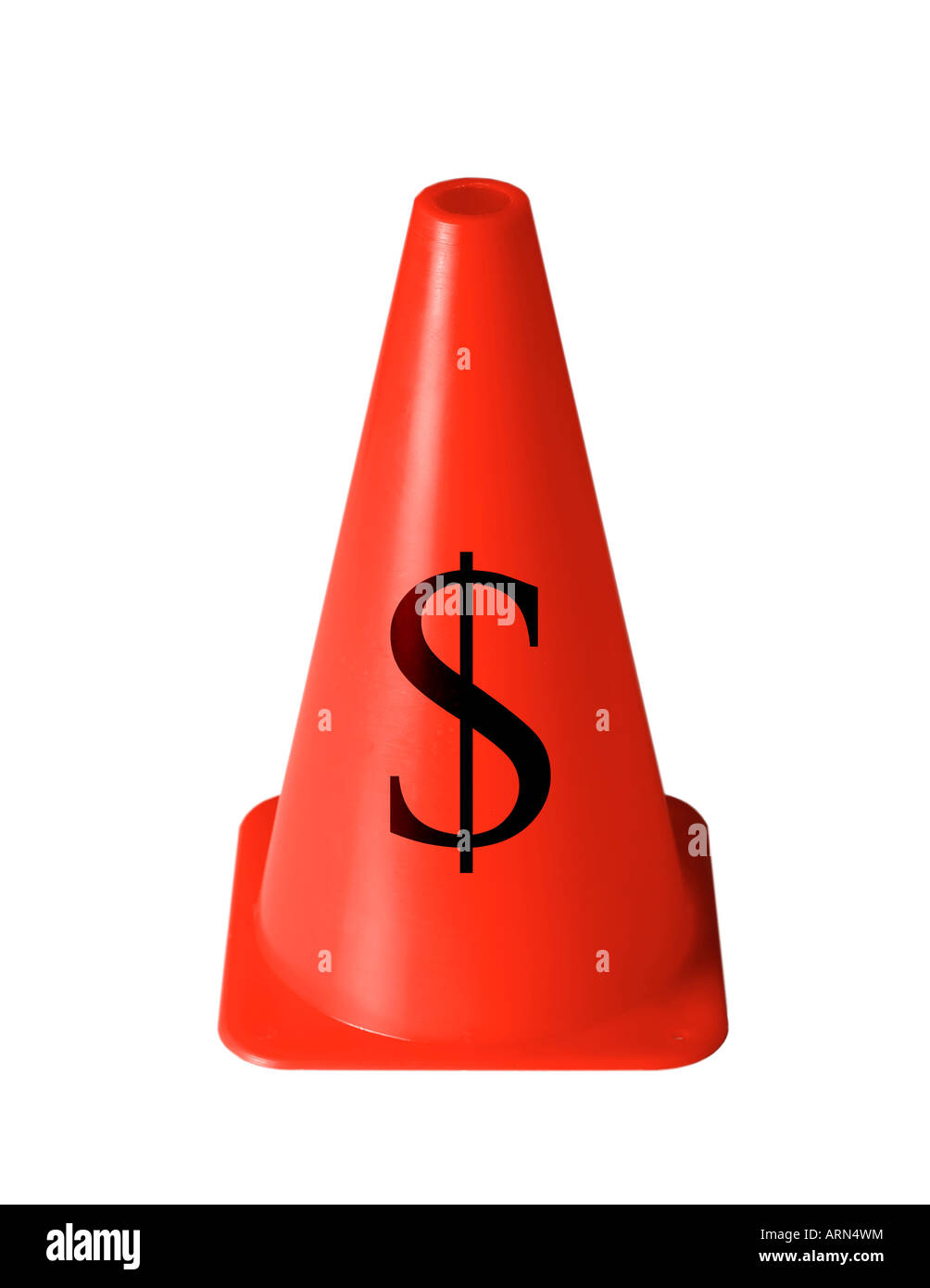 bright red safety cone with us dollar sign printed on against white