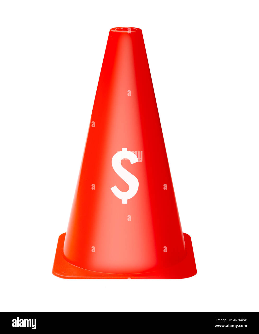 bright red safety cone with us dollar sign printed on against white