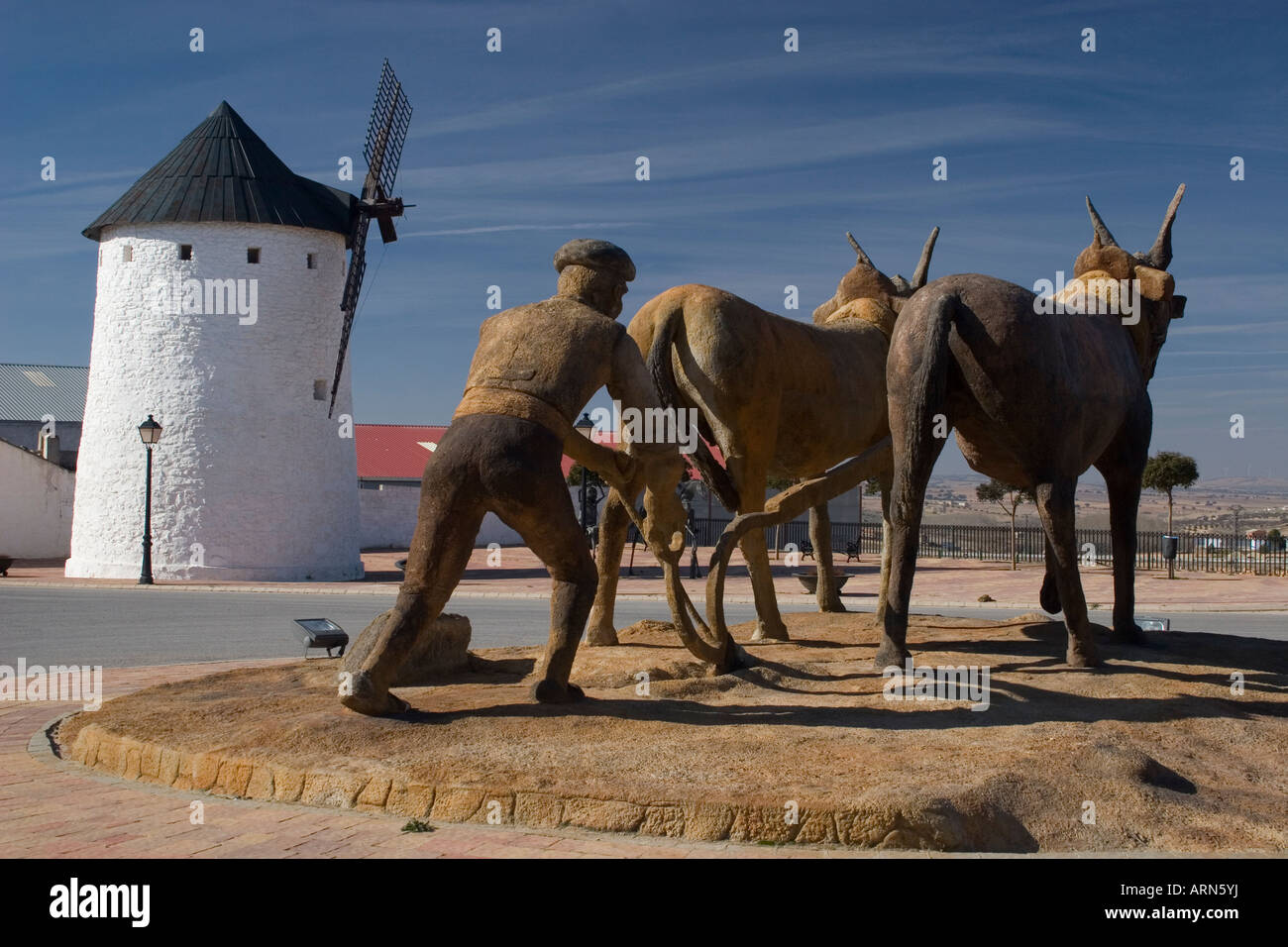 Windmill and farmer donkey sculpture Don Quijote country Munera La Mancha Spain Stock Photo