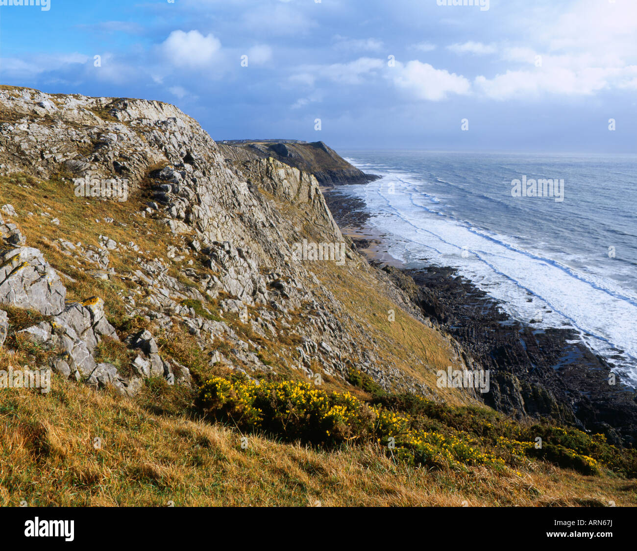 The Gower Coast on the Bristol Channel near Southgate looking West towards High Tor from Shire Combe. Gower, South Wales. Stock Photo