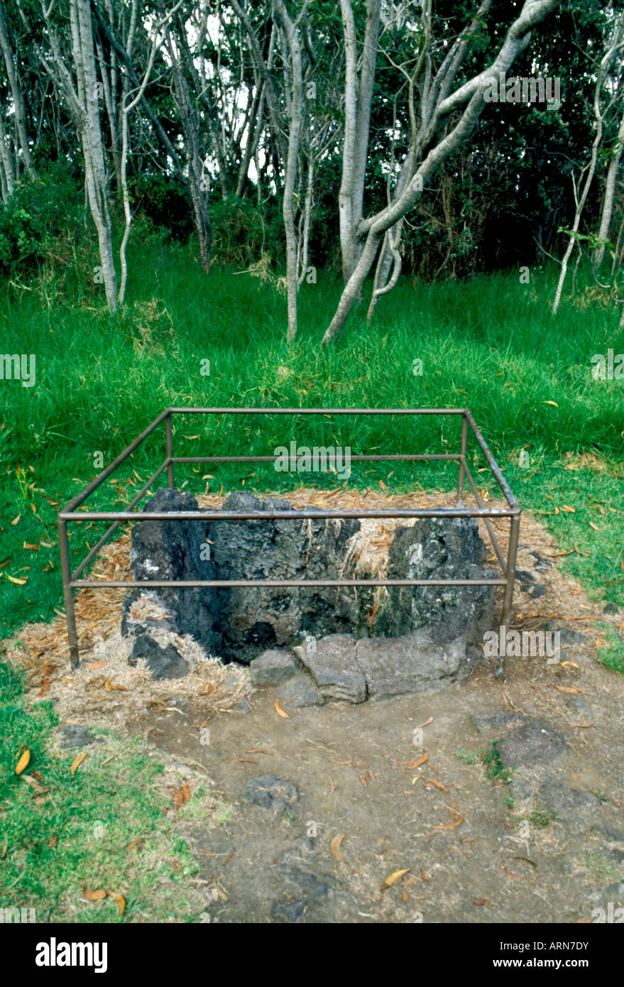 A tree mold, preserved after a lava flow, is displayed at Hawaii