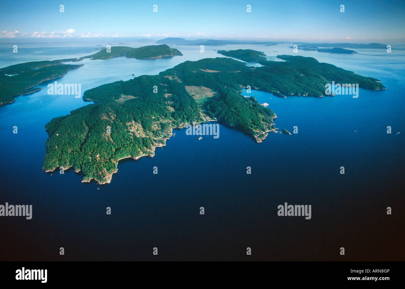 Gulf Islands, Pender Island aerial, Mayne top left, Saturna top center, British Columbia, Canada. Stock Photo