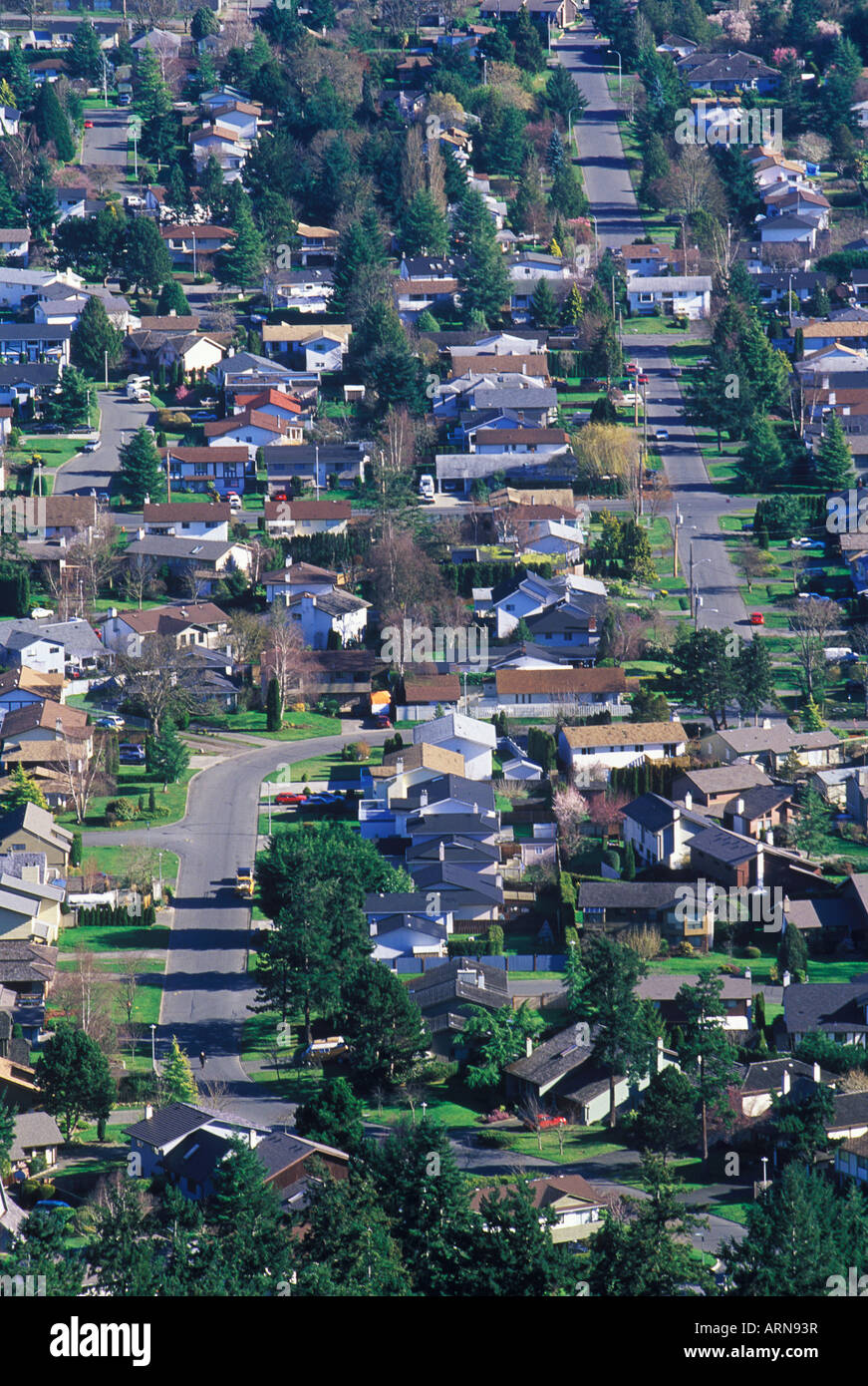 View of houses from Mt Douglas, Victoria, Vancouver Island, British Columbia, Canada. Stock Photo