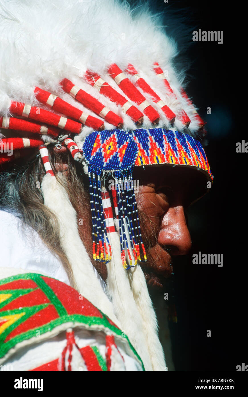 Blackfoot chief in ceremonial regallia, Alberta, Canada. Stock Photo