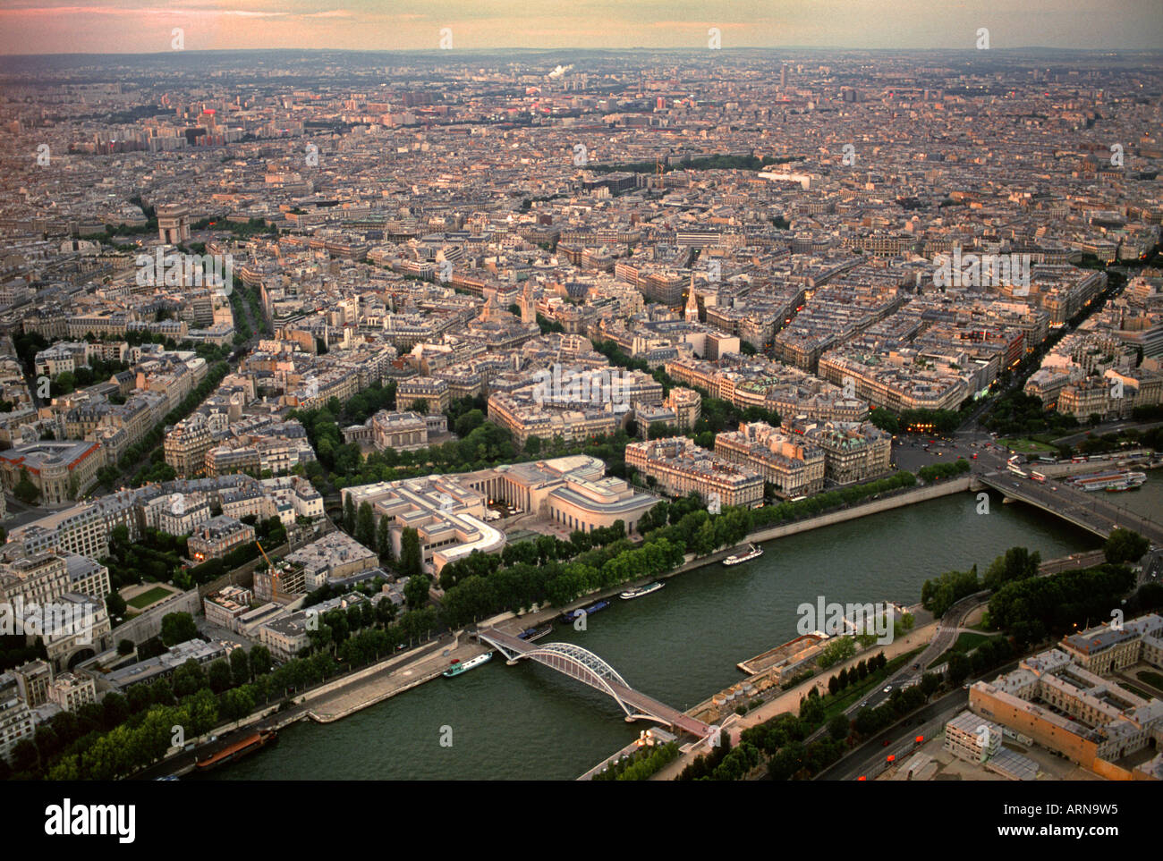 Sunset view of Paris from the Eiffel Tower across to Port Debilly Pont