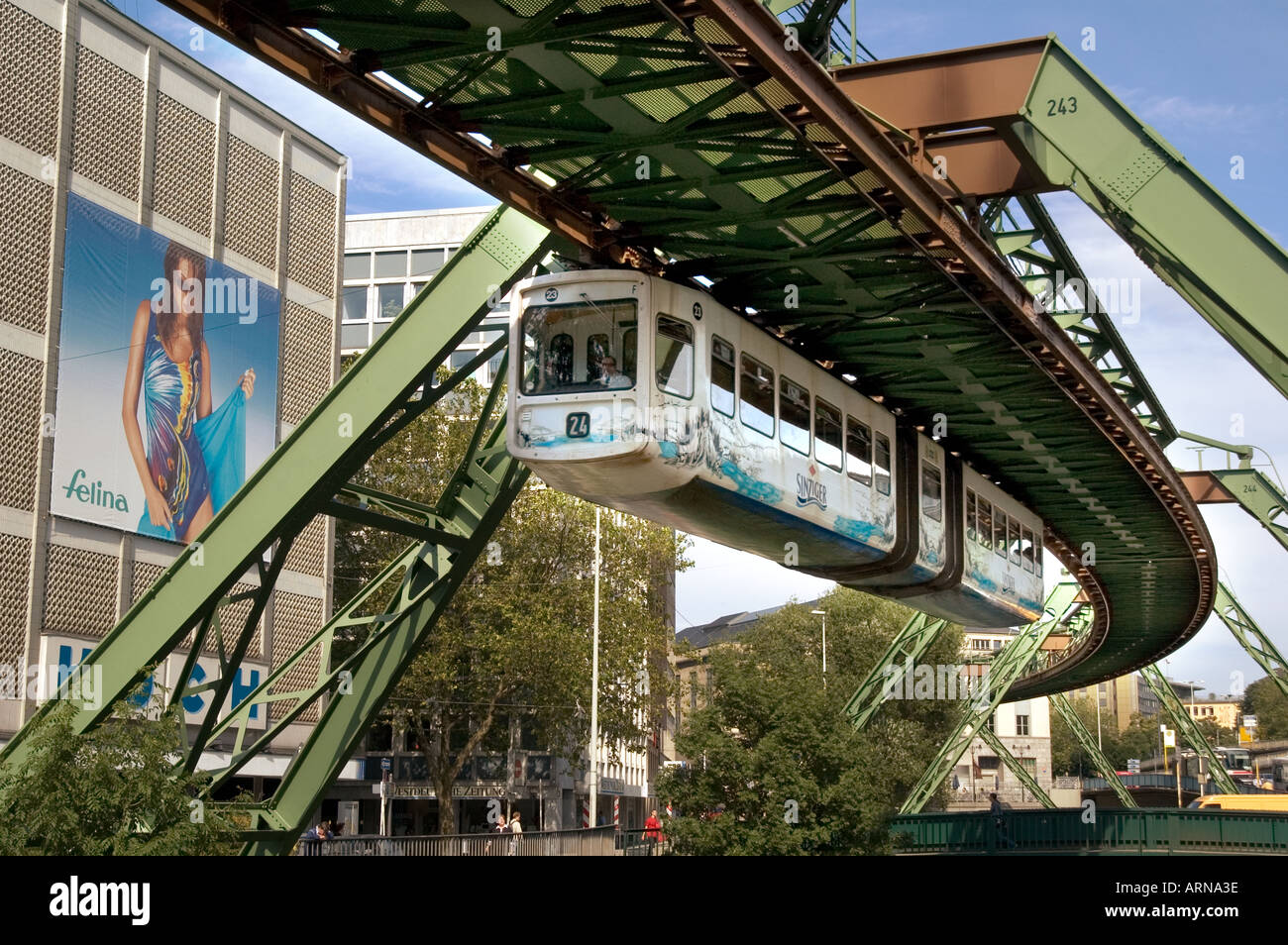 The Schwebebahn Monorail in Wuppertal, Germany, a overhead hanging monorail railway which is said to be the world s safest Stock Photo