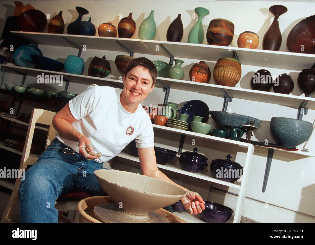 potter/ceramic artist Mary Fox in her studio, Ladysmith, British