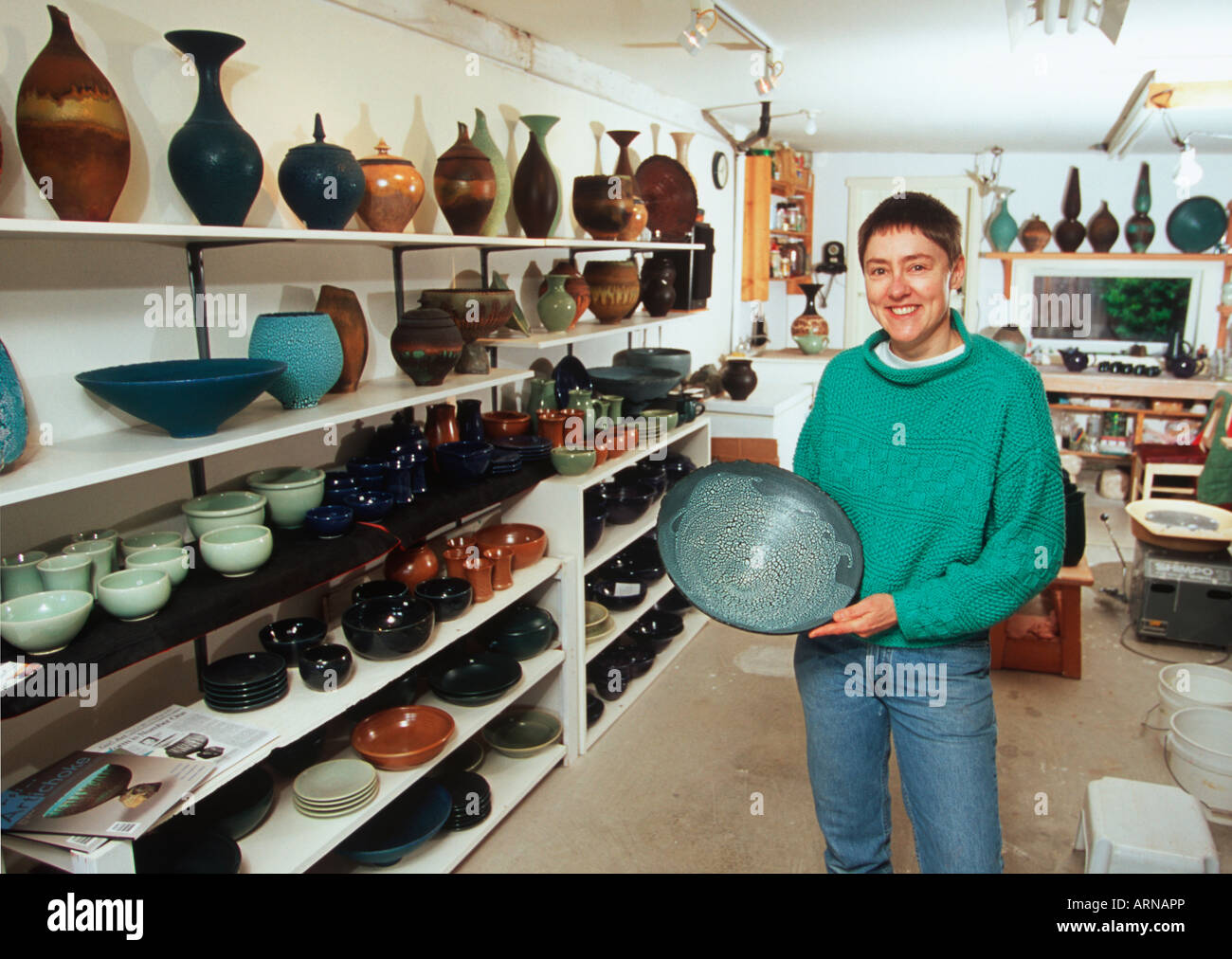 potter/ceramic artist Mary Fox in her studio, Ladysmith, British