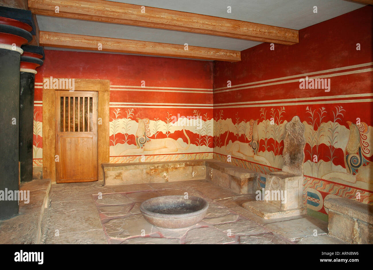 Throne room of the King Minos at the Archaeological Site of Knossos, Crete, Greece Stock Photo