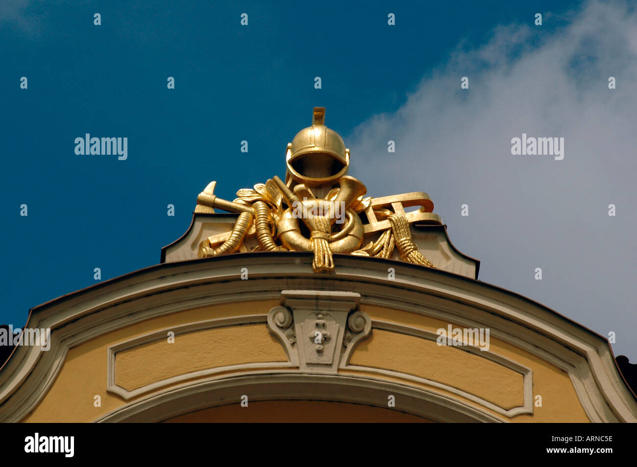 Art Nouveau decoration on top of the Ministry of Local Development building built in 1898 in the Old Town Square in Stare Mesto district Prague Czech Stock Photo